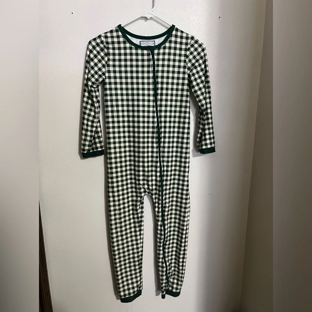 SWEET HONEY Classic Gingham Full Zip Open Foot Pajamas Green White Girl's Sz 12‎